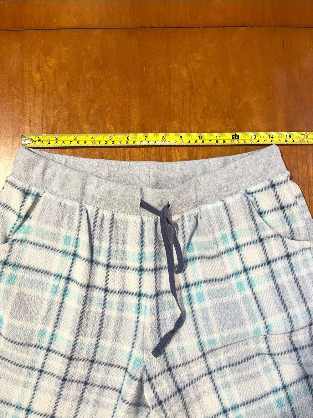 Cuddl Duds Plaid Fleece Lounge Pants w/ Pockets. White with Gray,Navy and Teal. - Picture 7 of 11